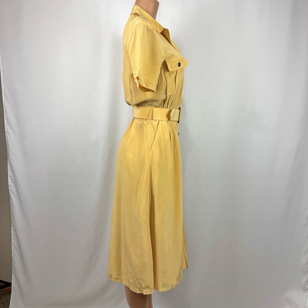 VTG 80s Marianna Sz 6 Yellow 100% Silk Midi Dress Retro Collar Button Up Belted - Picture 7 of 14